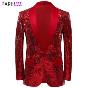 Costumes pour hommes Blazers Hommes brillant rouge paillettes Blazer Costume à fleurs veste un bouton châle revers smoking Blazers fête mariage Banquet bal Costume Homme 230321