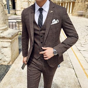 Men's Suits Blazers Men's Suit Jacket Vest Pants Fashion Boutique Plaid Casual Business Male Groom Wedding Tuxedo Dress 3 Pieces Set Blazers Coat 230706