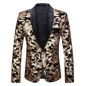 Herenpakken Blazers Men Shawl Rapel Blazer Designs Plus Maat 5xl Zwart Velvet Gold Flowers Pailletten Pak Jacket DJ Club Stage Singer Deskleding 220909