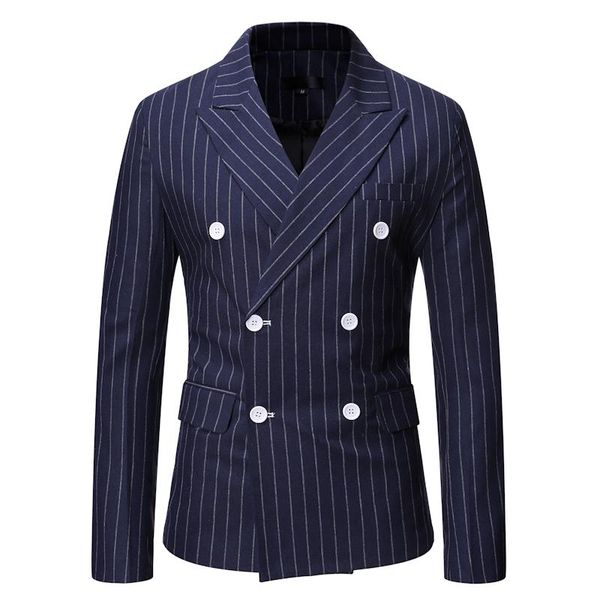 Trajes De Hombre Blazers Hombres Primavera Otoño Doble Botonadura Raya Chaquetas De Traje Casual Gris Negro Azul Marino Trabajo De Negocios Vida Diaria Fiesta PromM