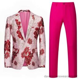 Trajes para hombres Blazers traje para hombres 2 piezas Patrón de flores de color naranja Un botón de negocios casual para la fiesta de cumpleaños de la boda chaqueta y pantalones