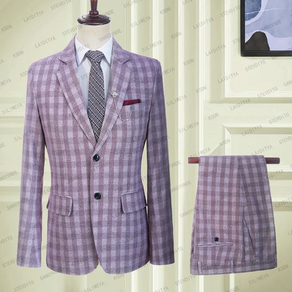 Costumes pour hommes Blazers Hommes Costume Mode 2 Pièces Formelle Affaires Blazer Slim Fit Lin Revers Cranté Casual Violet Clair Mariage Marié Tuxedo 230509