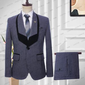 Herenpakken Blazers Men Huwelijksfeest Zomer 2 PCS Set Blue White Reto Classic Plaid Black Shawl Rapel Jacket broek Fashion Slim Fit Suits 230509