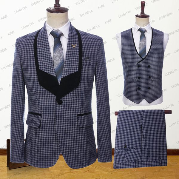 Costumes pour hommes Blazers Hommes Fête De Mariage Été Bleu Blanc Reto Classique Plaid Noir Revers Mode Slim Fit Costumes 3 Pcs Ensemble Veste Gilet Pantalon 230509