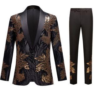 Herenpakken Blazers Heren 2 stuks Zwart Pailletten Bloemen Smoking Pak Revers Eén Knop Slim Fit Jas Broek Set Feest Bruiloft Luxe Bruidegom Jurk 230826