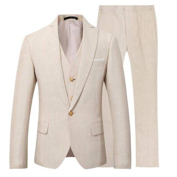 Costumes pour hommes Blazers Ensemble de costume en lin 3 pièces pour homme Blazer Veste Tux Gilet Pantalon Affaires formelles