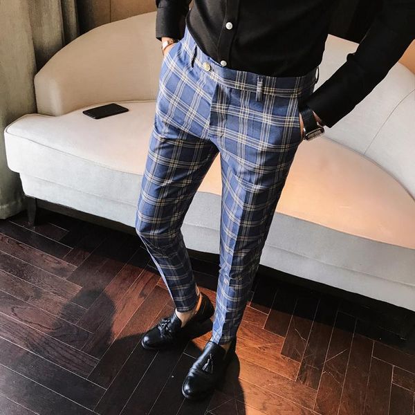 Costumes pour hommes Blazers Mens Casual Plaid Blue Grey Slim Fit Pantalons British British Mélangez Couleur Couleur de la cheville X34men's