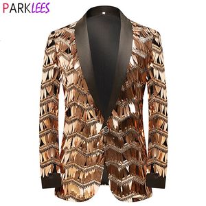 Herenkostuums Blazers Heren Luxe Golf Gestreept Goud Pailletten Blazer Jasje Sjaal Revers Eén Knop Glanzend Bruiloft Pak Jassen Diner Smoking Blazer 231211