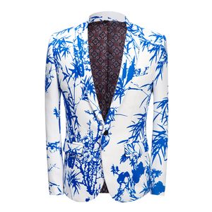 Herenpakken Blazers Heren Party Casual Blazer Print Blue Bamboo Patroon Design Slim Fit Drukte Pak Jacket Wedding Jurk 221124