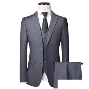 Herenpakken Blazers Heren Eenvoudig Zakelijk Elegant Mode Sollicitatie Gentleman Set Tra Thin 3-delig 230330 Drop Delivery Kleding Dhnh8