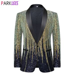 Costumes pour hommes Blazers Hommes Rayé Paillettes Étincelant Costume Veste Blazer Châle Revers Un Bouton Robe Blazers Hommes Scène Fête Bal De Mariage Smoking Cotume 230712