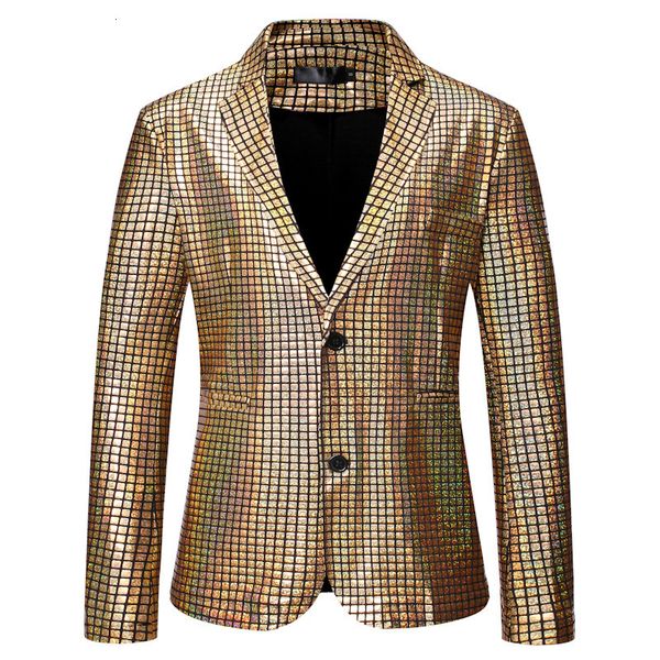 Abiti da uomo Blazer Giacca da palcoscenico da uomo alla moda da ballerino Oro argento Arcobaleno Plaid Paillettes Maschile Disco Festival Carnaval Party Costumi da ballo 230222