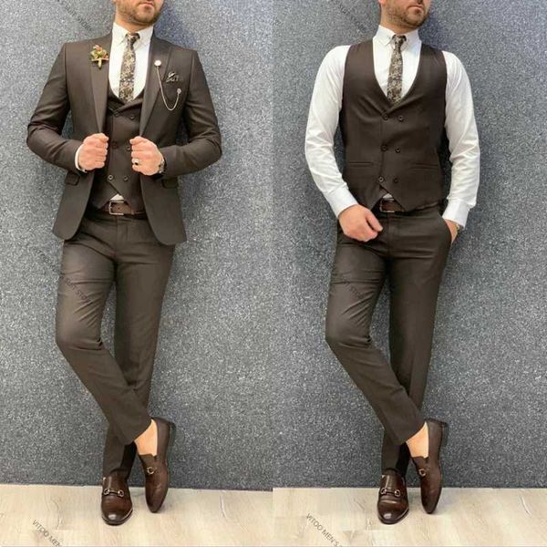 Trajes para hombres Blazers Traje para hombre Café Moda Formal Negocios Slim Fit 3 piezas Pantalón borgoña Esmoquin Boda Novio masculino