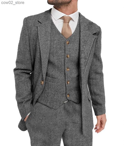 Trajes para hombres Blazers Traje para hombre Traje gris de 3 piezas Lana de alta calidad Tweed Padrinos de boda Mantón Solapa Esmoquin Slim Fit Blazer + Pantalones + Chaleco Q230103