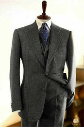 Costumes masculins Blazers Mens Cost 3 pièces Grey Wool Herringbone Slim Fit Casual Formel Business Groomsmen Tweed Tuxedos For Wedding Blazer + Pantal