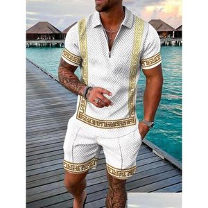 Costumes masculins Blazers Mens Summer Tracksuis Suit Luxury Gold Chain Shirt Set Turn Down Collar Zipper Clothing Streetwear Casual Tenfit Sui Dhv2a