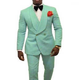 Herenpakken Blazers Mint Green Dubbele borde heren Patroon Suit bruidegom Tuxedos voor bruiloftsjaal Rapel Tweede stuk Blazer Pants 2021 1 271D
