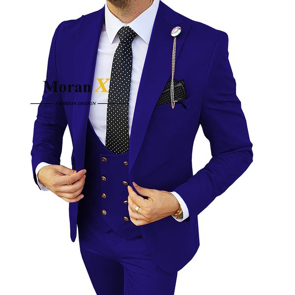 Costumes pour hommes Blazers MoranX Coupe régulière 3 pièces Revers Double boutonnage Business Blazer Gilet Pantalon Ensemble Mariage Grooms Royal Blue 221121