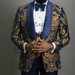 Herenpakken Blazers Navy Blue Floral Jacquard Prom Men For Wedding Slim Fit Groom Tuxedos Business Male Blazer 3 stuks Set kostuum Homme 230227
