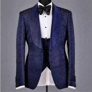 Herenpakken Blazers Navy Blue Floral Jacquard Groom Tuxedo Geschikt voor bruiloften Slim passend 3-delige herenset Jacket Braam Black Pants Heren Fashion 230406