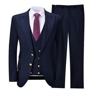 Herenpakken Blazers Navy Blue Men 3 Stuks Gouden Knopen Pieken Revers Bruidegom Tuxedos Bruiloft voor zakelijke kleding (Blazer + Vest + broek)