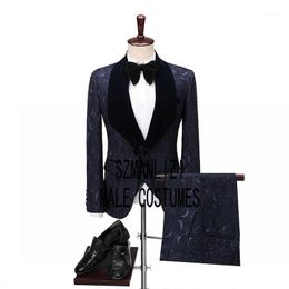 Herenpakken Blazers Navy Blue Paisley Floral Velvet Formal Men 2023 Tailor Made Groom Tuxedos Mens Wedding Prom/Party Man Blazer