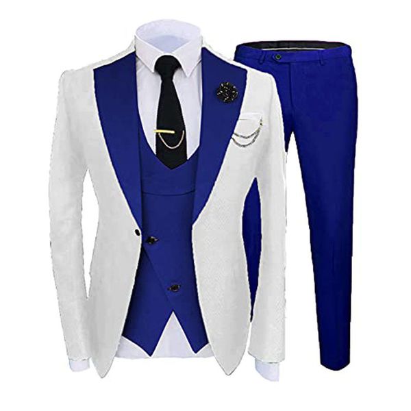 Trajes para hombres Blazers Nuevo traje popular blanco de 3 piezas para hombre, esmoquin de boda, solapa de muesca azul real, corte entallado, chaqueta para fiesta de graduación para novio, chaqueta, pantalones, chaleco con corbata 779