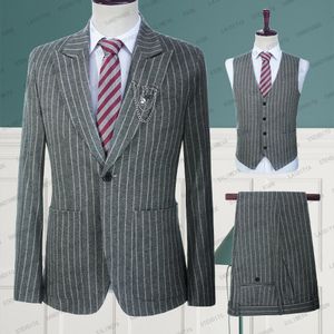 Costumes pour hommes Blazers Nouveaux costumes pour hommes 3 pièces décontracté Slim Fit été gris lin blanc rayure Blazer gilet pantalon ensemble formel mariage smokings marié 230505