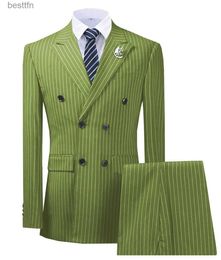 Costumes pour hommes Blazers O vert costume pour hommes 2 pièces à fines rayures revers cranté Tuxedos Groomman pour mariage nouveau Bury BLACKblazer + pantalonL231130