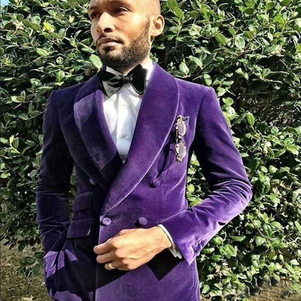 Costumes pour hommes Blazers Une pièce Veste de costume formelle pour hommes Blazer en velours violet avec double boutonnage manteau de mode masculine smoking de mariage 2022me