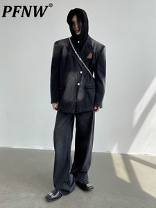 Costumes pour hommes Blazers PFNW Niche Design Darkwear Style lavage irrégulier Silhouette noir gris jean costume automne hiver Chic droit 12A5604 230506
