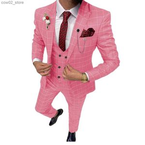 Herenkostuums Blazers Roze Casual Herenpak Slim Fit Type 3-delig Double Breasted Ademend TR Plaid Dun Galajurk Jack Feest Reizen Q230103