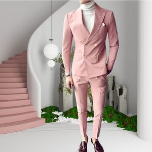 Herenpakken Blazers Pink Fashion Sunshine Men Suits Double Breasted 2 stuks Jacketwit Peak Collar Slim Fit Suits for Wedding Party Tuxedos 230427