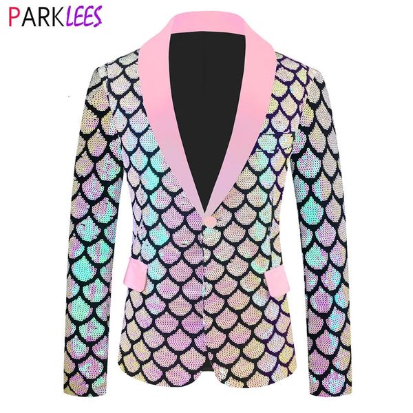 Costumes pour hommes Blazers Rose écailles de poisson paillettes paillettes velours Blazer hommes Slim Fit un bouton brillant Costume veste hommes mariage fête dîner Costume Homme 231102