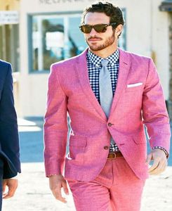 Trajes de hombre Blazers Pink Groomsman Suit Custom Made Man 2Psc Lino Novio Tuxedos Summer Beach para ropa de boda