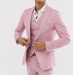 Herenpakken blazers roze linnen zomerse bruiloft pakken voor mannen slanke fit mode bruidegom tuxedos aangepaste 3-delige jacketwedstrijd terno masculino 230503