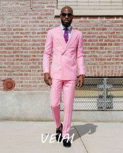 Herenpakken blazers roze mannen pakken 2 -delige dubbele borsten piek met reversblazer jasje smoking, bruidegom trouwkleding man prom feestje 230509