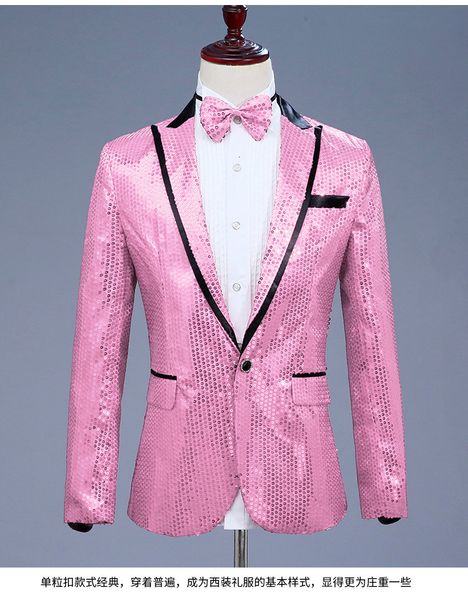 Trajes de hombre Blazers Pink Sequin One Button Dress Blazers Brand Nightclub Prom Men Suit Jacket Wedding Stage Singer Costume Bowtie Incluye 230729