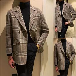 Herenpakken blazers plaid mannen pakken wollen overjas met een jasje met één borsten op maat gemaakt warm formeel zakelijk huwelijk causaal prom -kostuum homme 230322