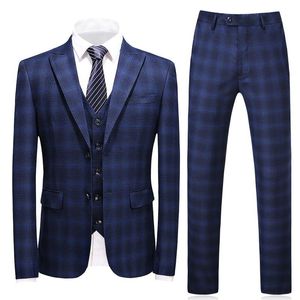 Herenpakken Blazers Plyesxale 3-delige plaid pak Men 2023 Slim Fit Navy Royal Blue Wedding S-5XL merkontwerper Business Dress Tuxedo