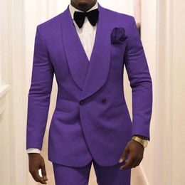 Trajes de hombre Blazers Purple Double Breasted Prom para hombres 2 piezas Slim Fit Floral Wedding Groomsmen Tuxedos 2023 Ropa de moda Chaqueta Pantalón