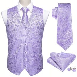 Herenpakken Blazers Purple Floral Silk Vest Waistcoat Men Slim Pak Vest Paisley Necky Handkerchief Cufflinks Tie Vest Business Barry.wang Design 230721