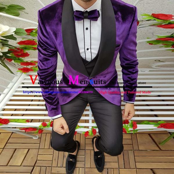 Costumes pour hommes Blazers Costume de mariage en velours violet pour hommes Noir Châle Revers Hommes 3 pièces Veste Gilet Pantalon Terno Masculino Groom Wear Blazer