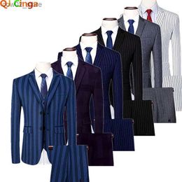 Herenkostuums Blazers QJ CINGA Gestreept driedelig herenpak Bruiloft Business Herenpak Wit Blauw Zwart Terno Masculino Grote maten Come Homme Q230103