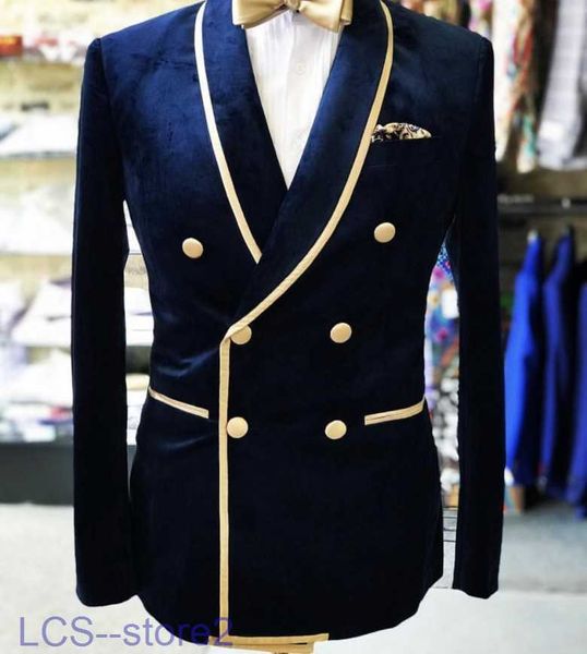 Costumes pour hommes Blazers Real Photo Double boutonnage Châle Revers Nvay Velours Mariage Groom Tuxedos Hommes Party Blazer Prom Business (veste + pantalon + noeud papillon) K23