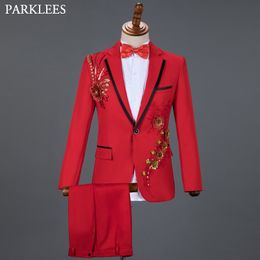 Herenpakken Blazers Red Diamond Floral Men Suits For Wedding Mens Suits 3 -delige Blazerpantbow Tie Fashion Tuxedo Men Pak Set Stage Costume Homme 230515