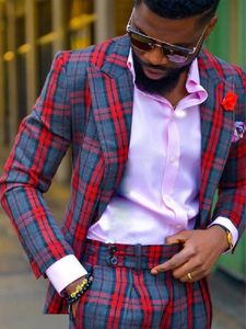 Herenpakken Blazers Red Men Tailormade 2 stuks Blazer broek Plaid Stripes brede revers Gentle Business Wedding Plus Maat op maat 230222