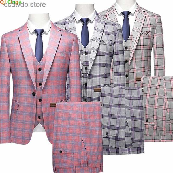 Trajes para hombres Blazers Traje a cuadros a rayas rojas Vestido de fiesta de bodas para hombres de 3 piezas Chaqueta y pantalones Chaleco Moda Hombres delgados Blazer Abrigo Pantalones Chaleco T240110