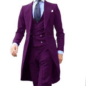 Herenpakken Blazers Royal Blue Long Tail Coat 3-delige heren Set Fashion Breade Avond Jurk voor trouwbaljacks met broek Q240507