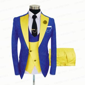 Costumes pour hommes Blazers Royal Blue Hommes Costume 3 pièces sur mesure Homme Marié Mariage Tuxedo Slim Fit Jacquard Blazer Veste Jaune Gilet Pantalon Ensemble